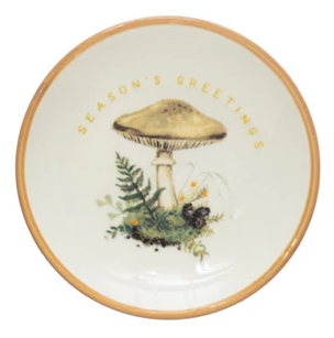 Stoneware Dish with Mushroom Image, Holiday Greeting and Gold Electroplating, 4 Styles