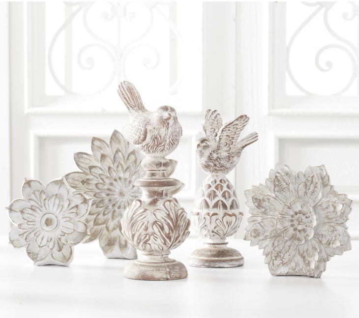 Whitewashed Carved Resin Finials with Bird Top