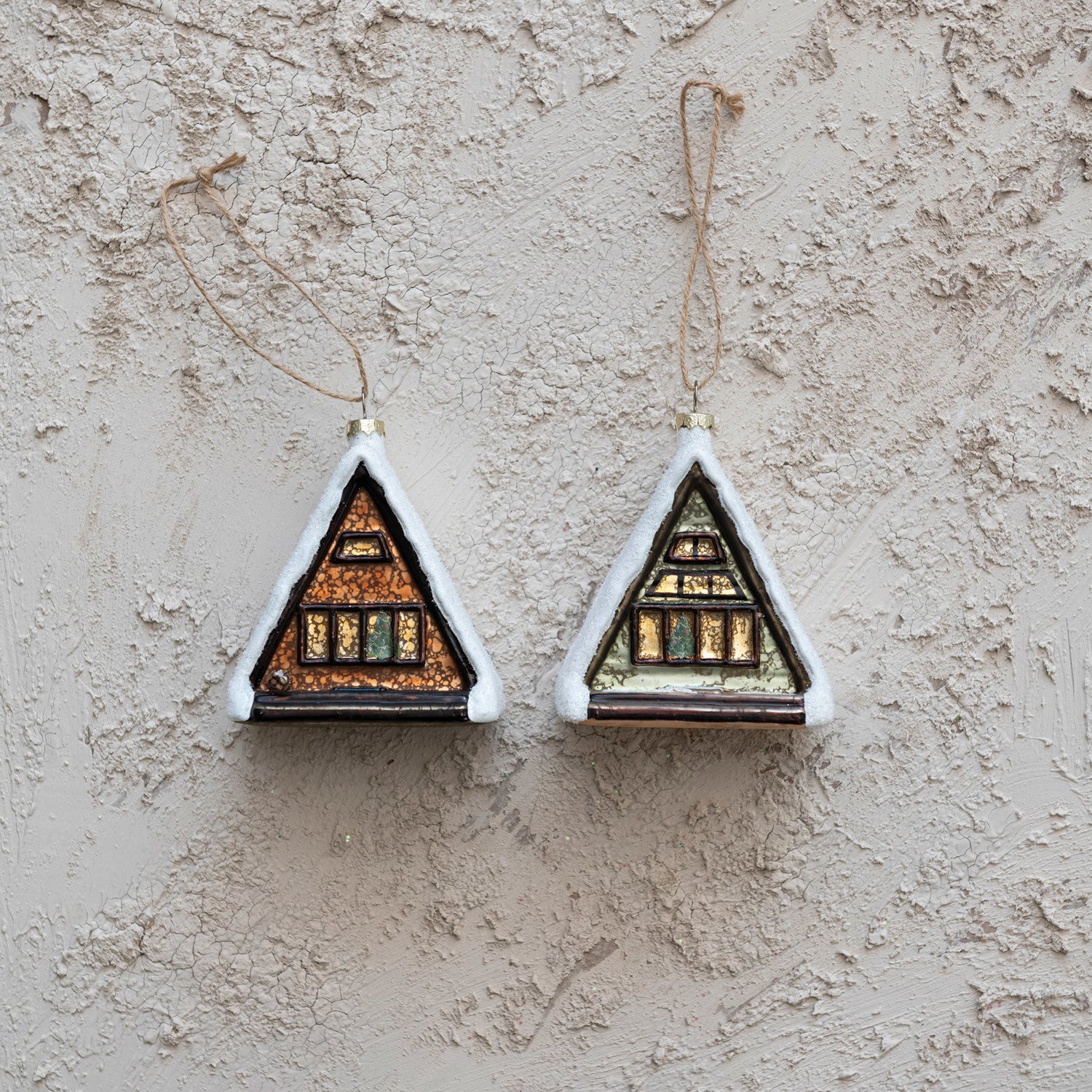 Glass A-Frame Cabin w/ Tree in Window Ornament