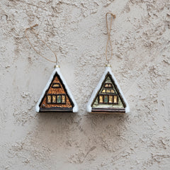 Glass A-Frame Cabin w/ Tree in Window Ornament