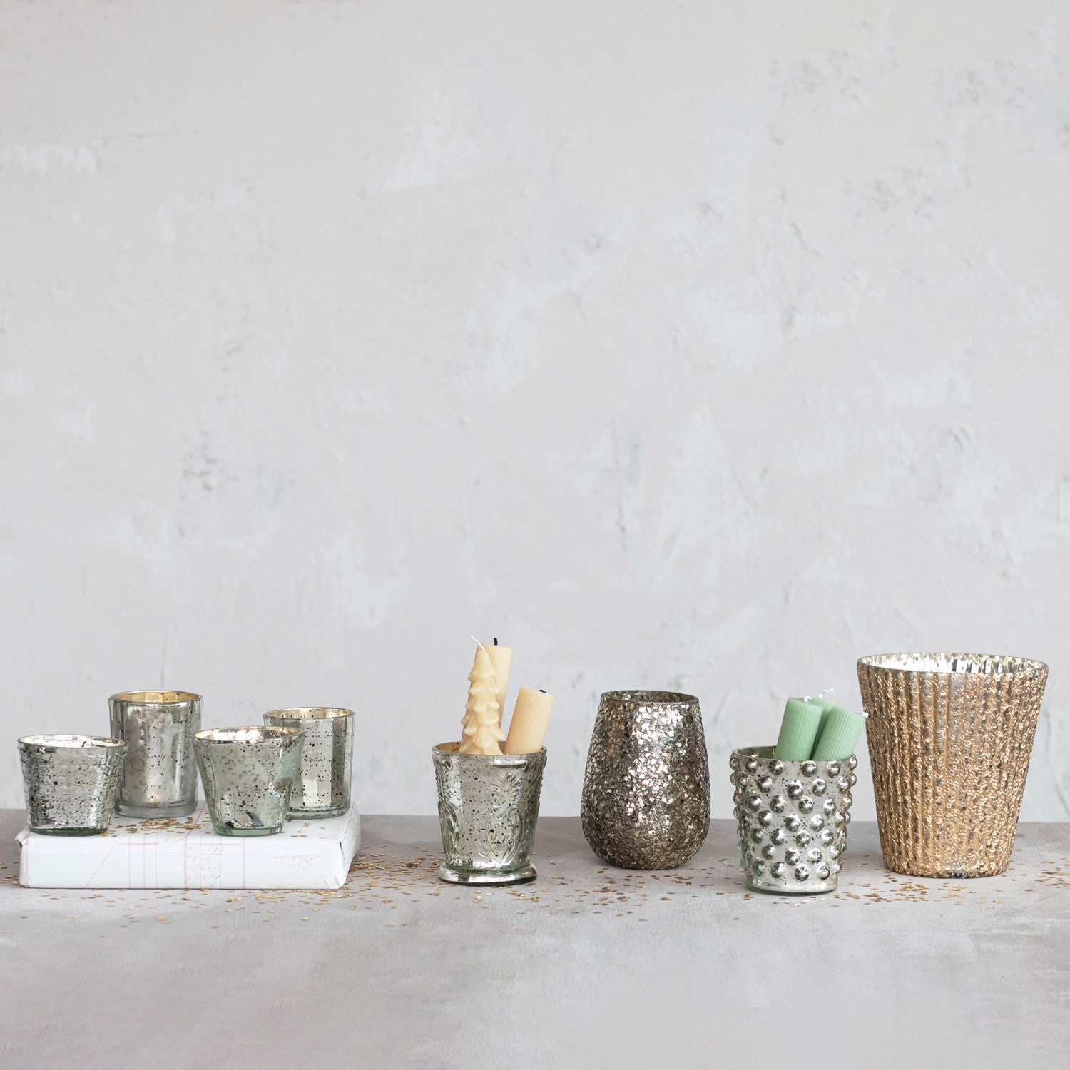 Glass Tealight Holder w/ Mica, Oxidized Pewter Finish