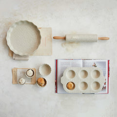 Embossed Stoneware Muffin Pan w/ Pattern, Cream Color