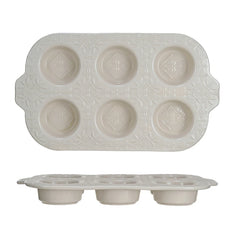 Embossed Stoneware Muffin Pan w/ Pattern, Cream Color