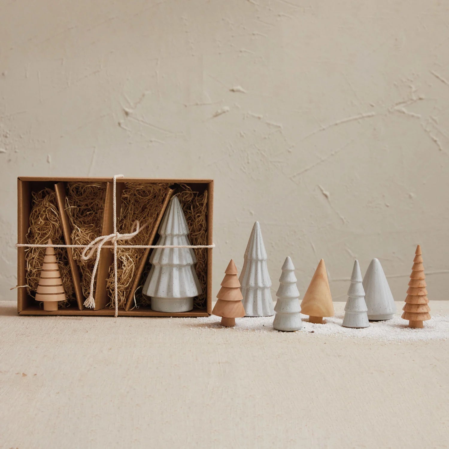 Stoneware & Wood Christmas Trees, White & Natural, Boxed Set of 9