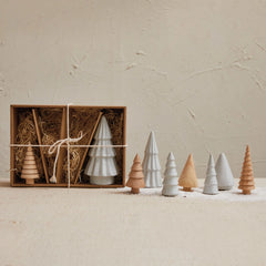 Stoneware & Wood Christmas Trees, White & Natural, Boxed Set of 9