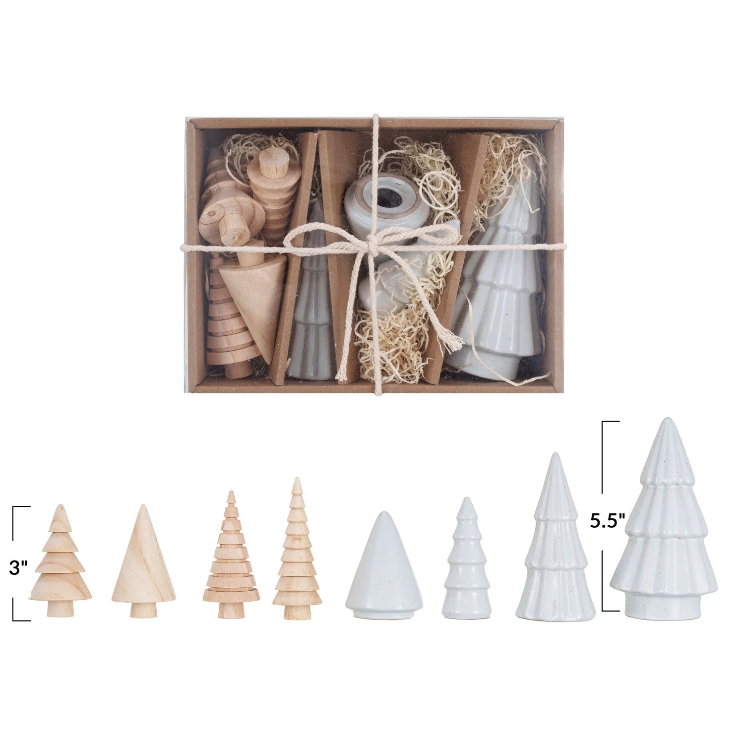Stoneware & Wood Christmas Trees, White & Natural, Boxed Set of 9