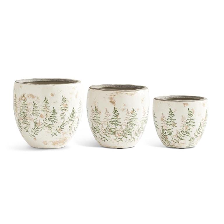Cream Crackle Pots w/Fern Stem Decal