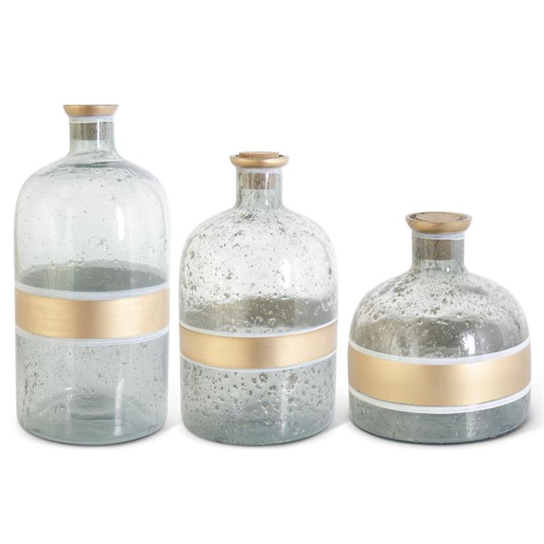 Aqua Crackled Glass Corked Bottles w/Gold Top & Center Stripe