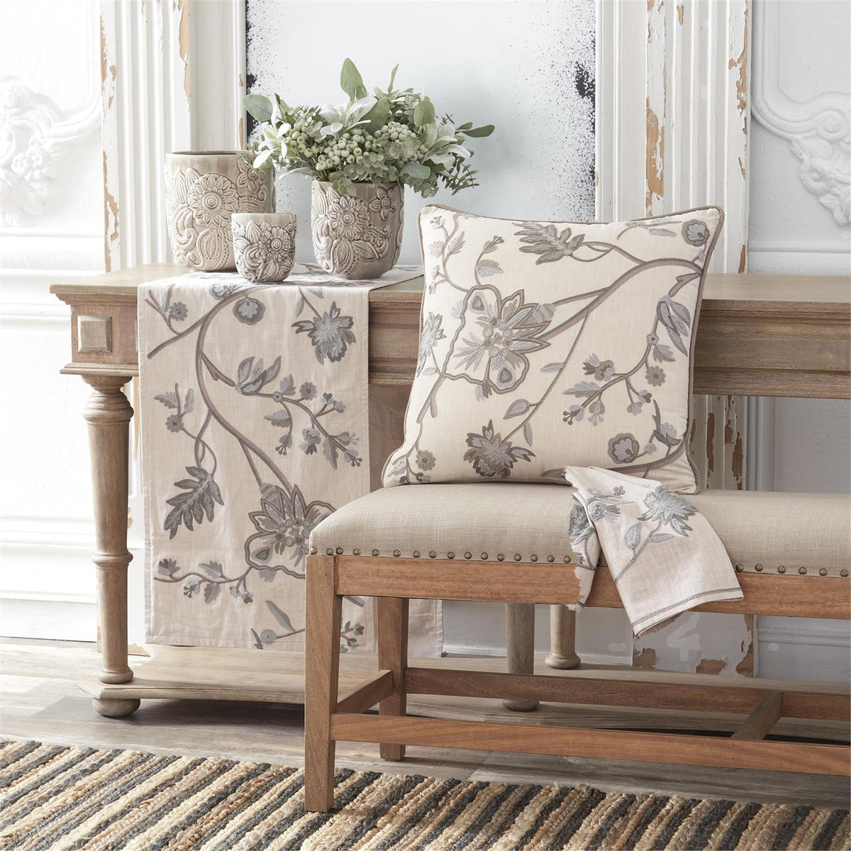 Light Beige Cotton Pillow w/Gray Floral Embroidery