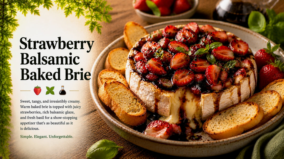 Olive Tree Marketplace recipe — Strawberry balsamic baked brie — a warm baked brie topped with strawberries and balsamic glaze, served with toasted bread