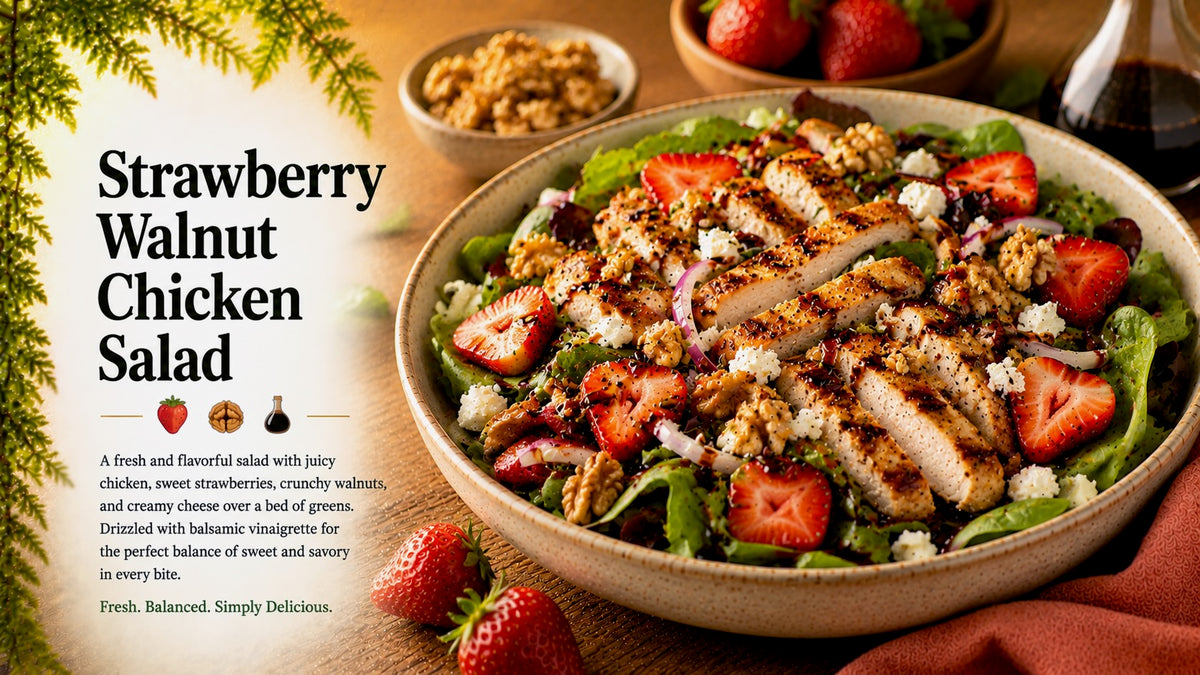 Olive Tree Marketplace recipe — Strawberry walnut chicken salad — grilled chicken over mixed greens with strawberries, red onion, walnuts and crumbled cheese