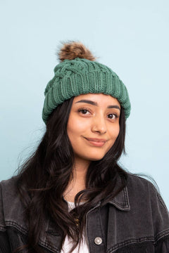 Cable Knit Beanie With Faux Fur Pom