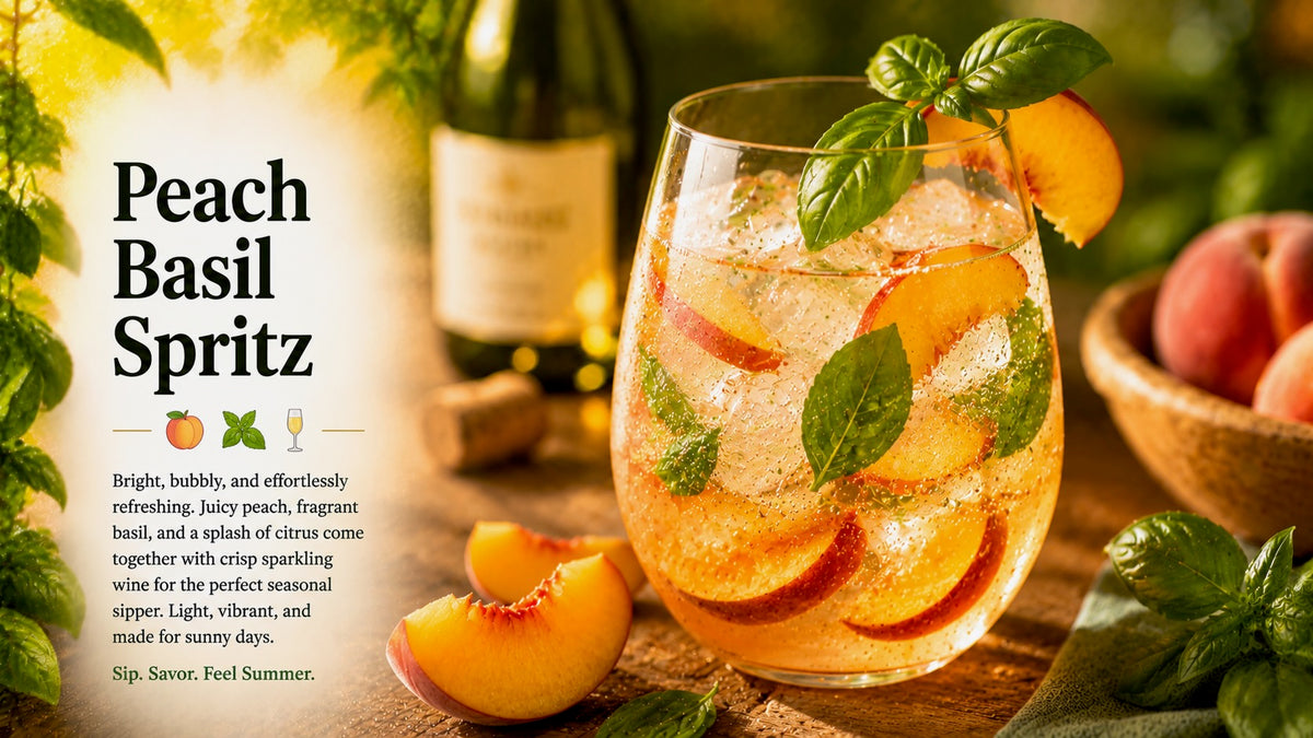 Olive Tree Marketplace recipe — Peach basil spritz — a stemless glass of sparkling peach cocktail with basil, peach slices and ice