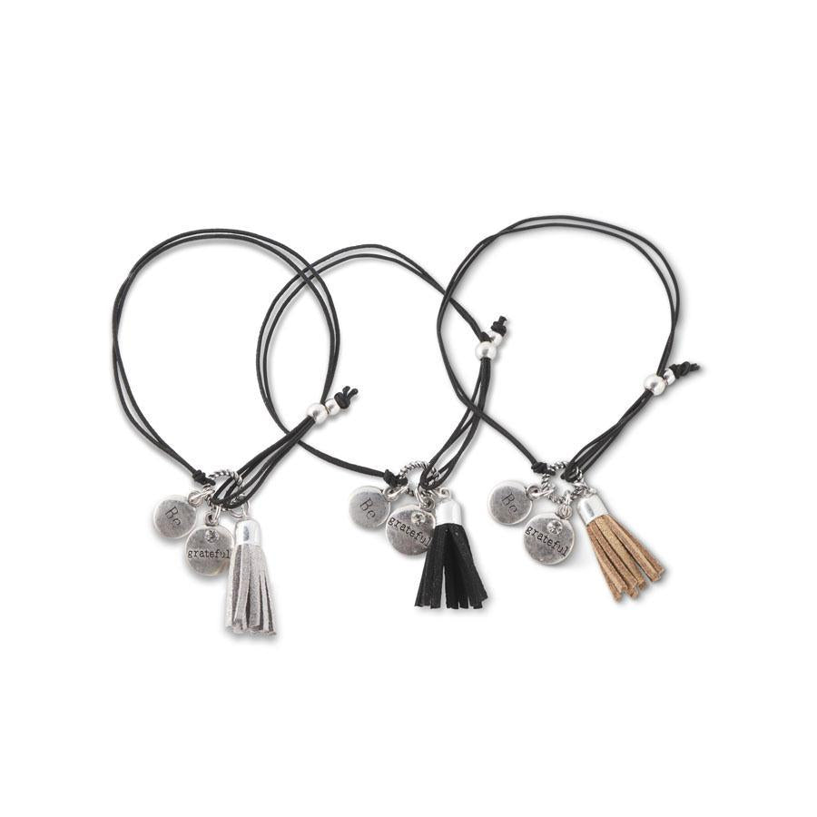 Adjustable Silver &amp; Black Stretch GRATEFUL Bracelet
