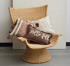 Stonewashed Cotton Tufted Lumbar Pillow with Fringe "Hello Fall"