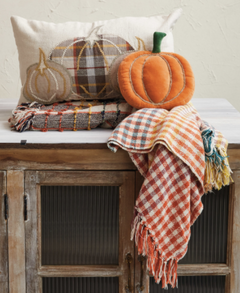 Cotton & Linen Lumbar Pillow with Appliqued Pumpkins & Chambray Back