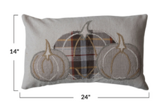 Cotton & Linen Lumbar Pillow with Appliqued Pumpkins & Chambray Back