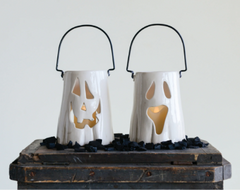 Ceramic Ghost Lantern with Metal Handle