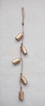 Hanging Metal Bells with Wood Beads and Jute Rope