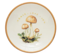 Stoneware Dish with Mushroom Image, Holiday Greeting and Gold Electroplating, 4 Styles