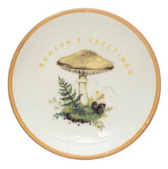 Stoneware Dish with Mushroom Image, Holiday Greeting and Gold Electroplating, 4 Styles
