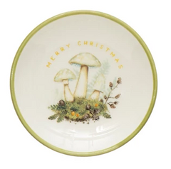 Stoneware Dish with Mushroom Image, Holiday Greeting and Gold Electroplating, 4 Styles