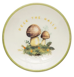 Stoneware Dish with Mushroom Image, Holiday Greeting and Gold Electroplating, 4 Styles