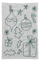 Woven Cotton & Linen Tea Towel w/ Embroidered Holiday Icons, 3 Colors, 3 Styles