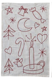 Woven Cotton & Linen Tea Towel w/ Embroidered Holiday Icons, 3 Colors, 3 Styles