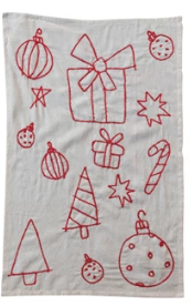 Woven Cotton & Linen Tea Towel w/ Embroidered Holiday Icons, 3 Colors, 3 Styles