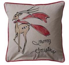 Square Cotton Chambray Printed Pillow w/ Velvet Piping & Back, 2 Styles