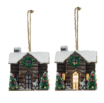 Wood Cabin Ornament w/ LED Light, 2 Styles
