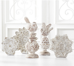 Whitewashed Carved Resin Finials with Bird Top