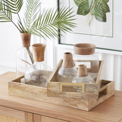 Nesting Natural Wood Trays with Gold Mesh Bottom