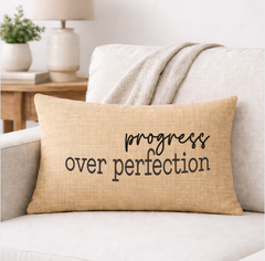 Progress Over Perfection – Faith-Inspired Linen Throw Pillow