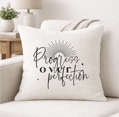 Progress Over Perfection – Faith-Inspired Linen Throw Pillow