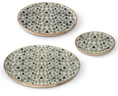 Wood Trays w/Christmas Trees Enameled- Round