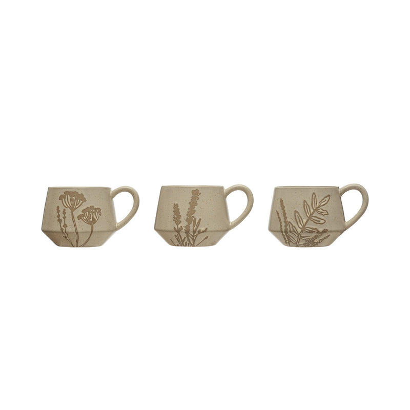 Stoneware Mug with Wax Relief Botanical Image, Reactive Glaze