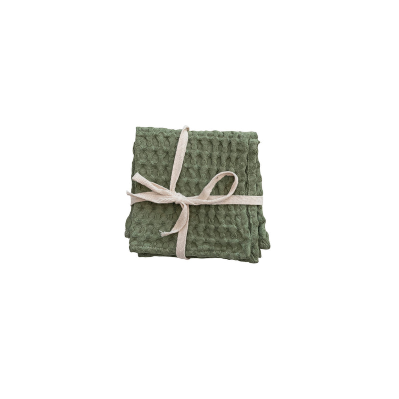 Stonewashed Cotton Waffle Weave Dish Cloths, Green Set
