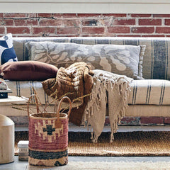 Cotton Lumbar Pillow w/ Botanical Print & Fringe, Sage Color & Natural