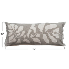 Cotton Lumbar Pillow w/ Botanical Print & Fringe, Sage Color & Natural