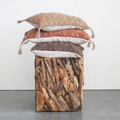 Woven Cotton Slub Lumbar Pillow w/ Diamond Pattern & Jute Tassels