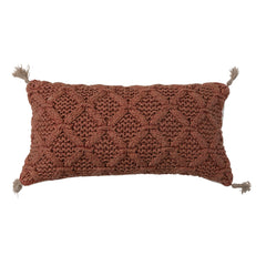 Woven Cotton Slub Lumbar Pillow w/ Diamond Pattern & Jute Tassels