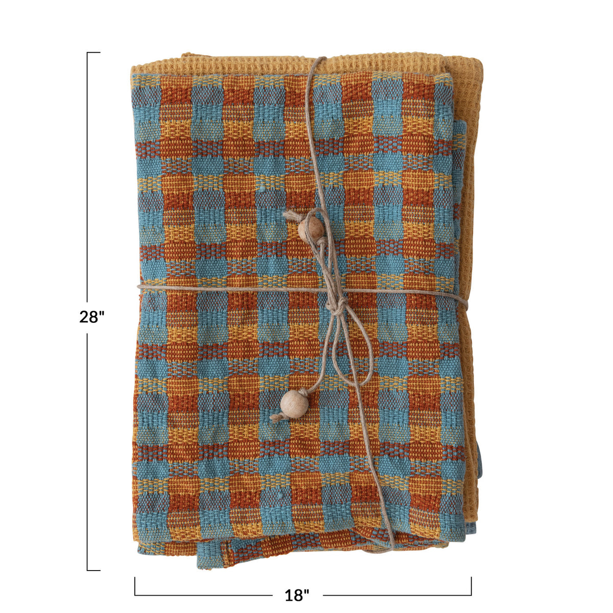 Cotton Waffle Weave Tea Towels w/ Jute &amp; Wood Bead Tie