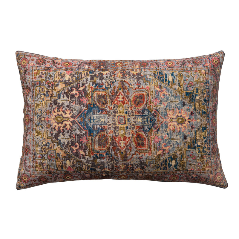 Cotton Printed Lumbar Pillow w/ Pattern & Chambray Back