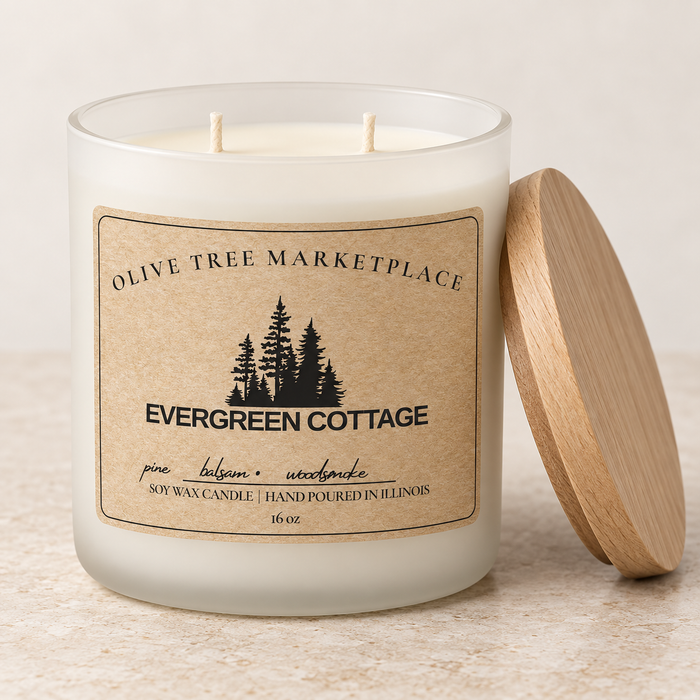 Evergreen Cottage 16 oz two-wick candle with wood lid
