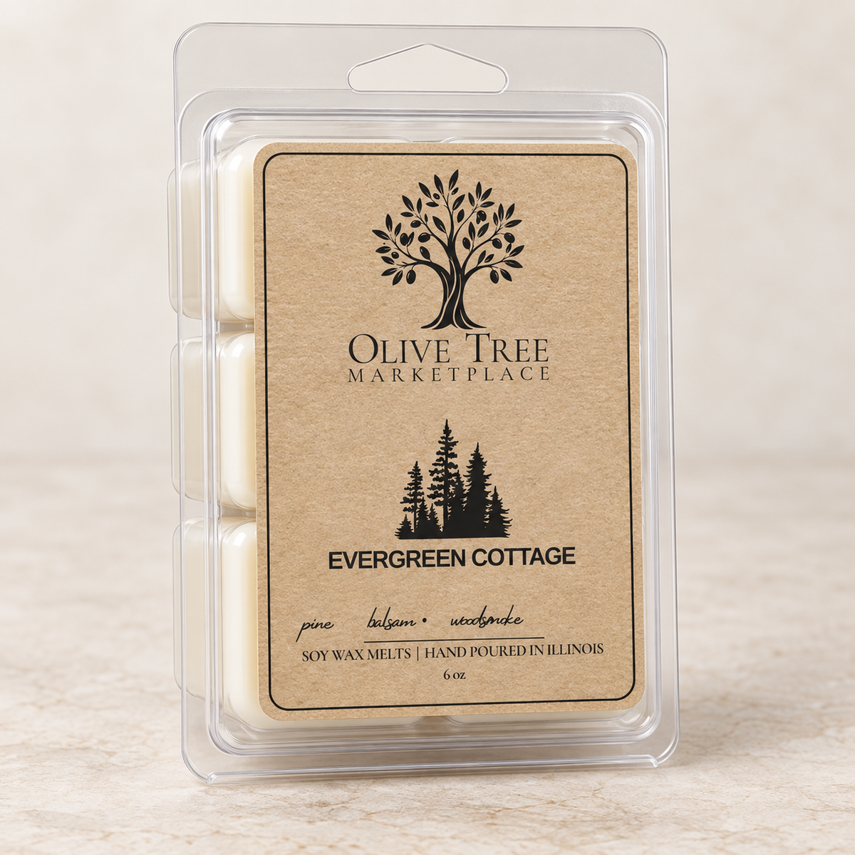 Evergreen Cottage 6 oz wax melt in clear clamshell