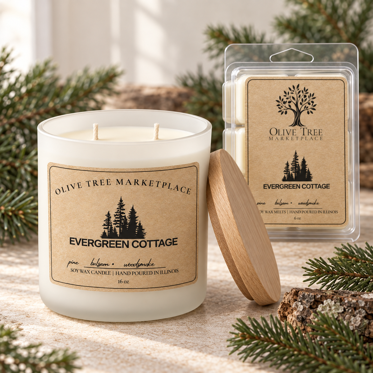 Evergreen Cottage candle and coordinating wax melt lifestyle image