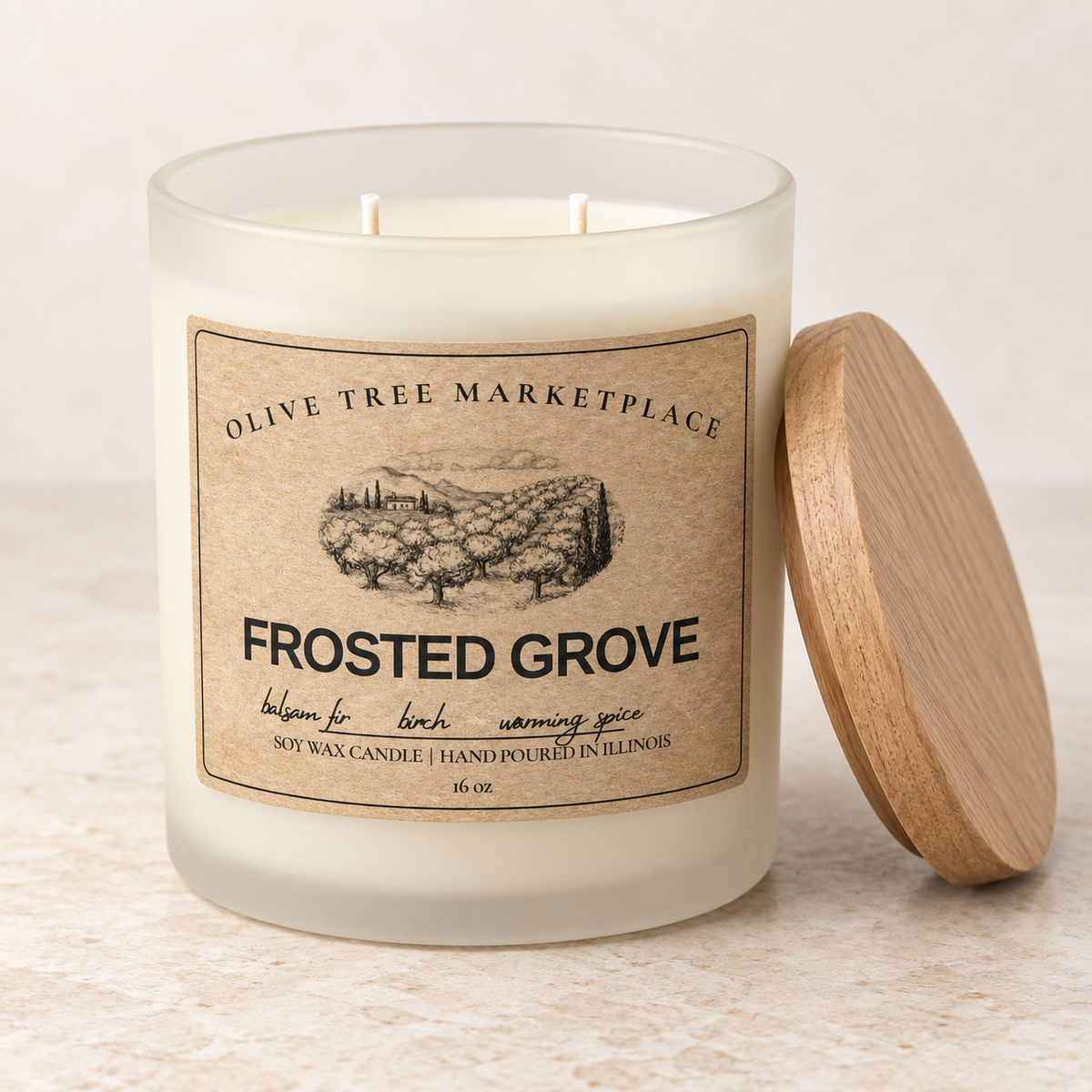 Frosted Grove 16 oz two-wick candle with wood lid