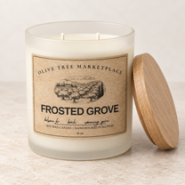 Frosted Grove 16 oz two-wick candle with wood lid